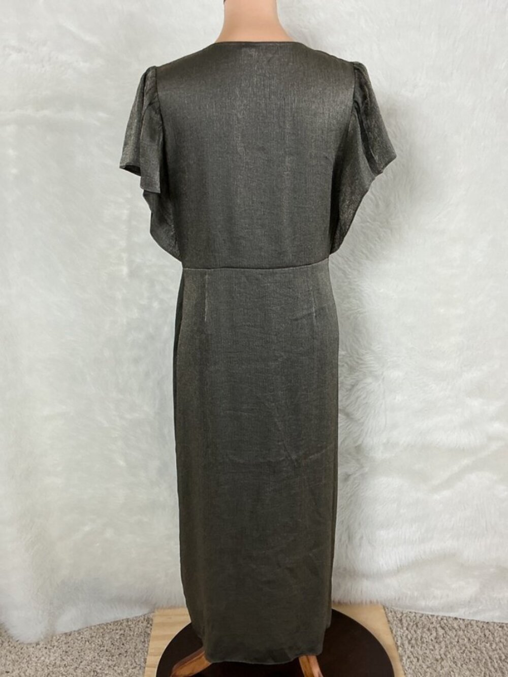 Nation LTD Gray Gold Metallic Satin V-Neck Pamela Flutter Sleeve Midi Dress L - Picture 4 of 7